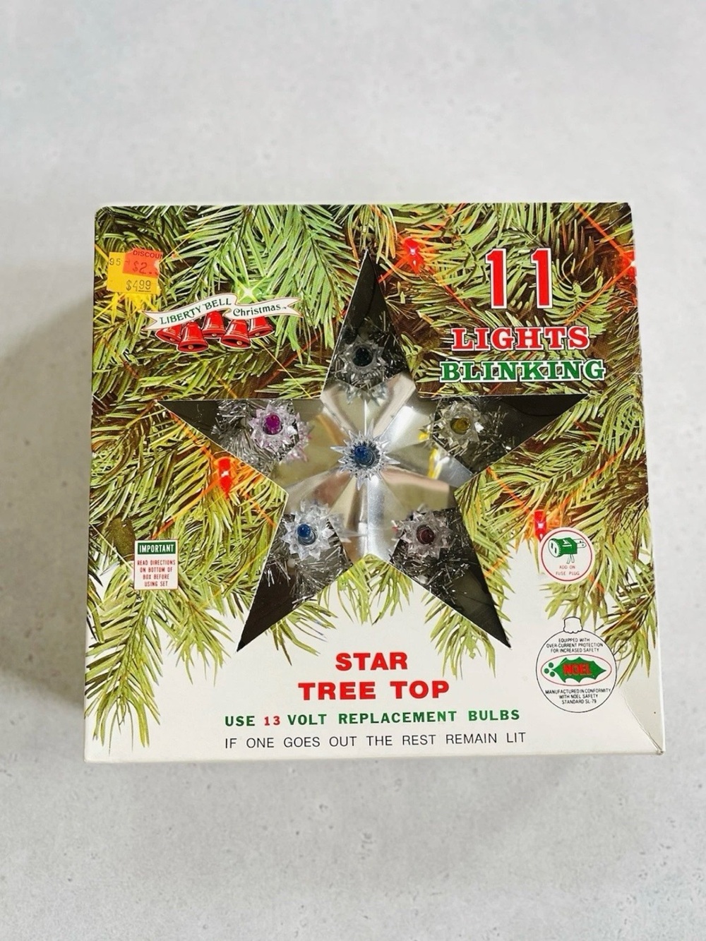 Vintage Liberty Bell Christmas Silver Tinsel Mini Star Tree Topper 11 Light